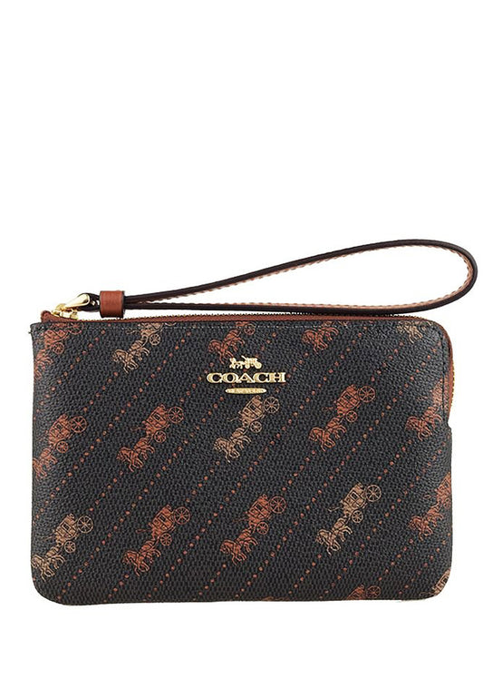 Coach Corner Zip Wristlet With Horse And Carriage Dot Print - Black