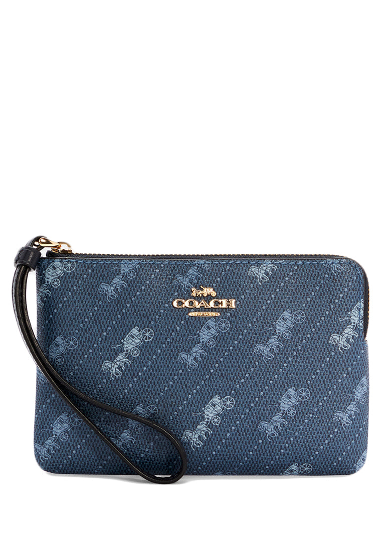 Coach Corner Zip Wristlet With Horse And Carriage Dot Print - Denim