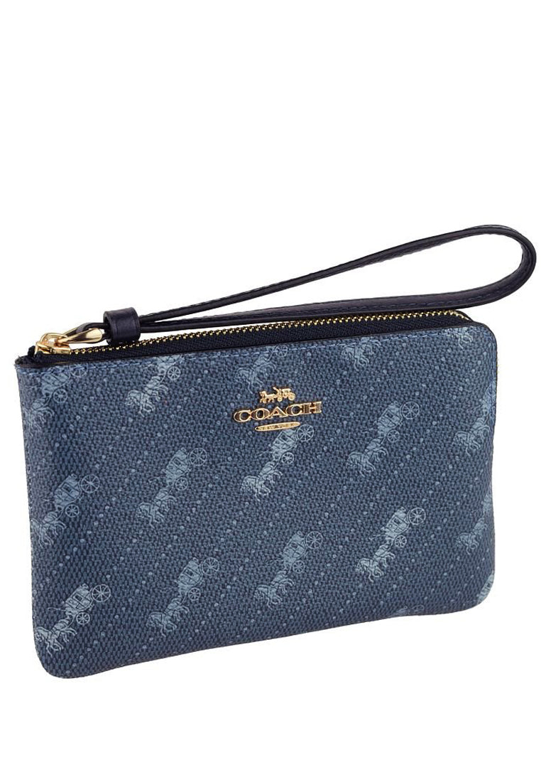 Coach Corner Zip Wristlet With Horse And Carriage Dot Print - Denim