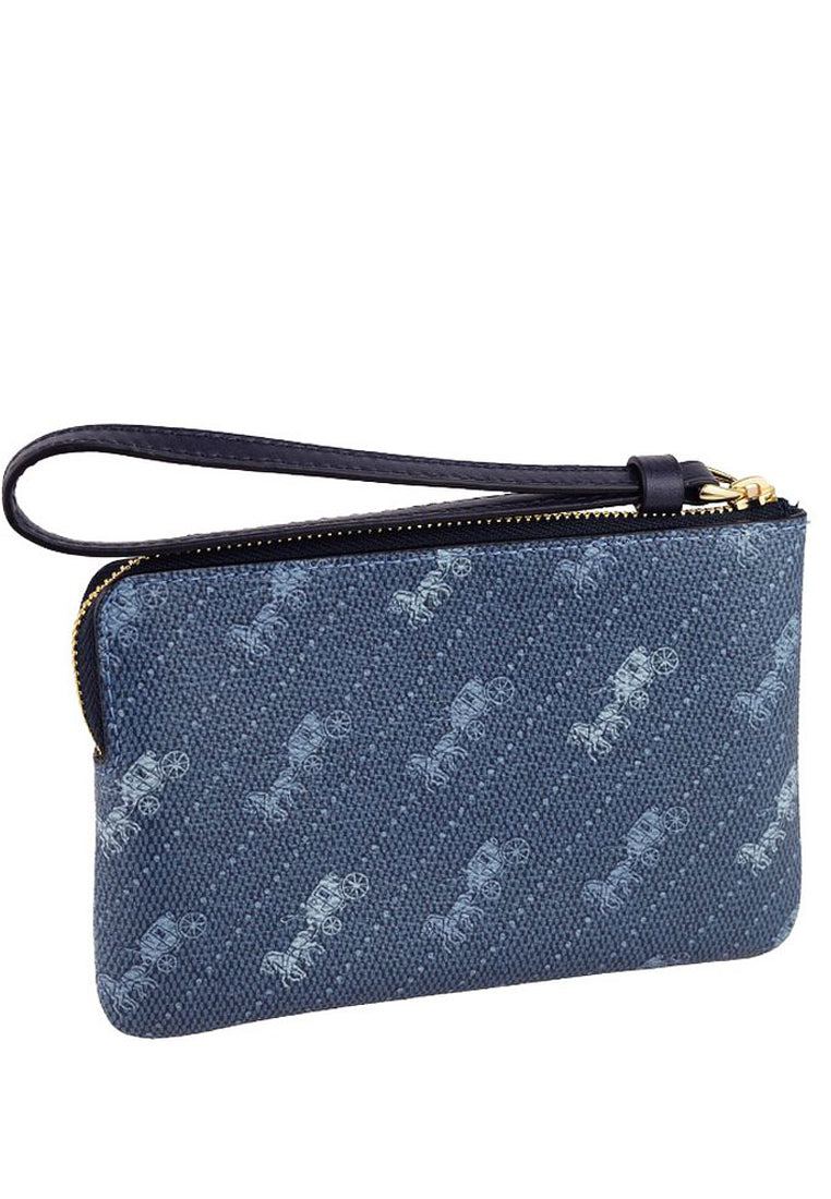 Coach Corner Zip Wristlet With Horse And Carriage Dot Print - Denim