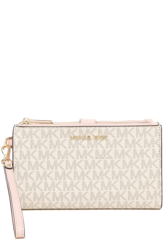 Michael Kors Jet Set Travel Large Double Zip Wristlet In Signature - Vanilla/Power Blush