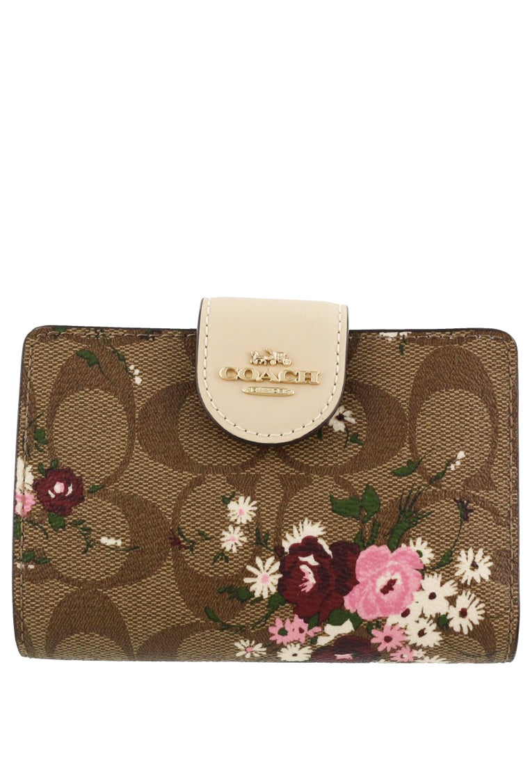 Coach Medium Corner Zip Wallet In Signature Canvas With Evergreen Floral Print - Brown