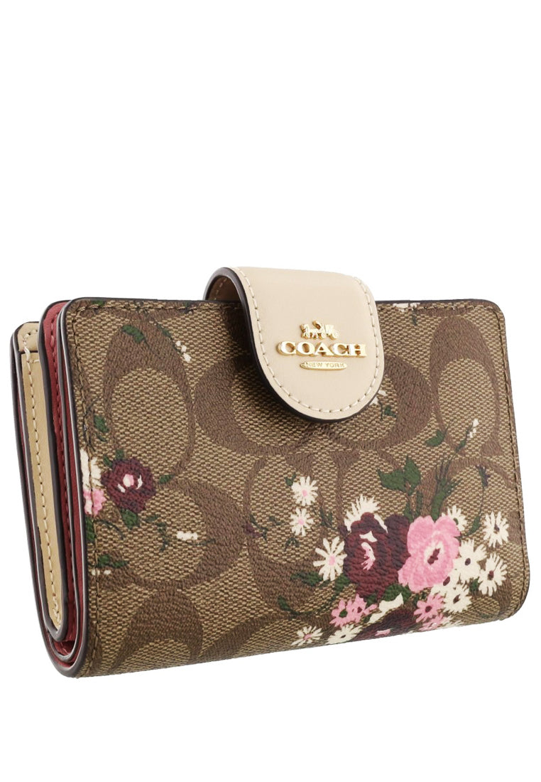 Coach Medium Corner Zip Wallet In Signature Canvas With Evergreen Floral Print - Brown