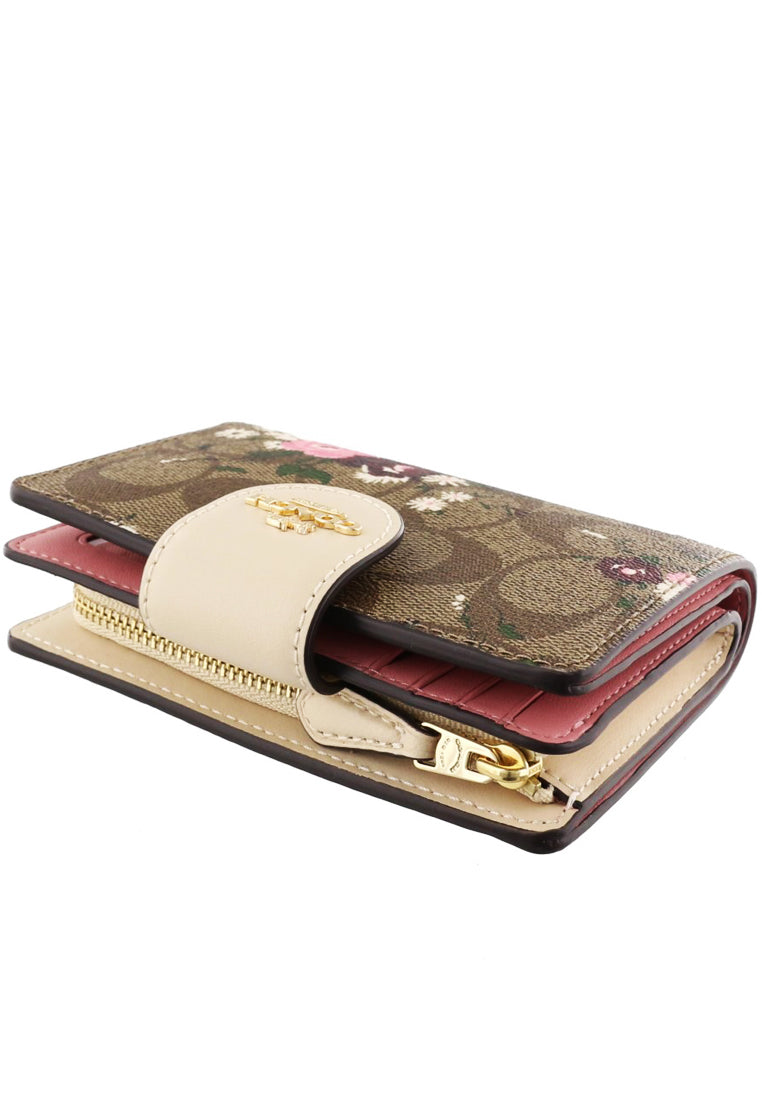 Coach Medium Corner Zip Wallet In Signature Canvas With Evergreen Floral Print - Brown