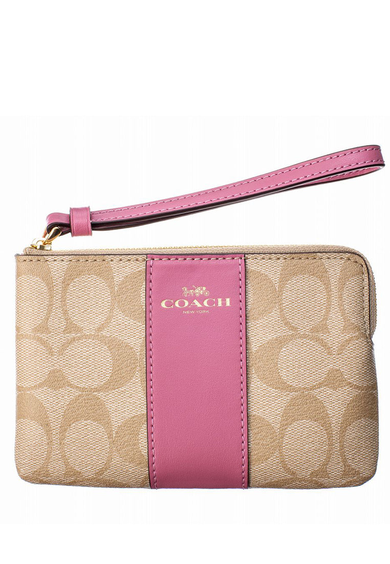 Coach Corner Zip Small Wristlet In Signature Canvas - Light Brown/Rose