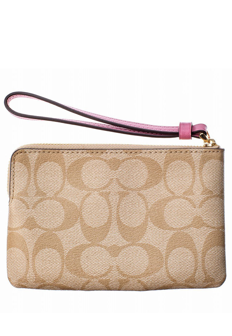 Coach Corner Zip Small Wristlet In Signature Canvas - Light Brown/Rose