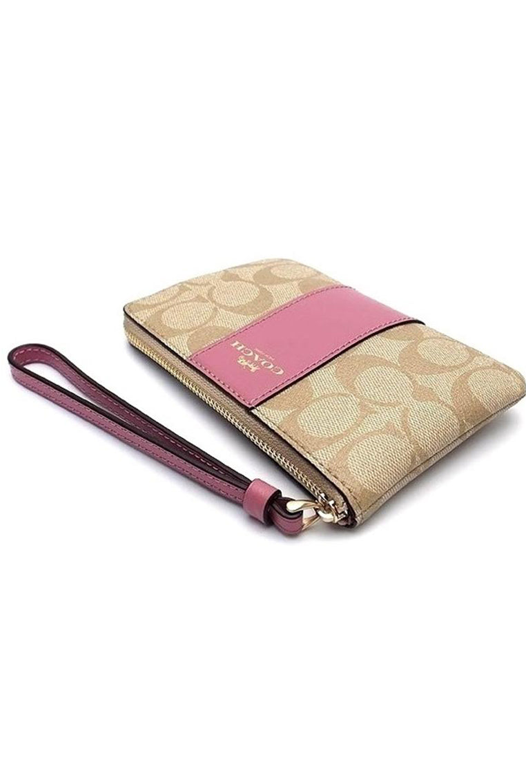 Coach Corner Zip Small Wristlet In Signature Canvas - Light Brown/Rose