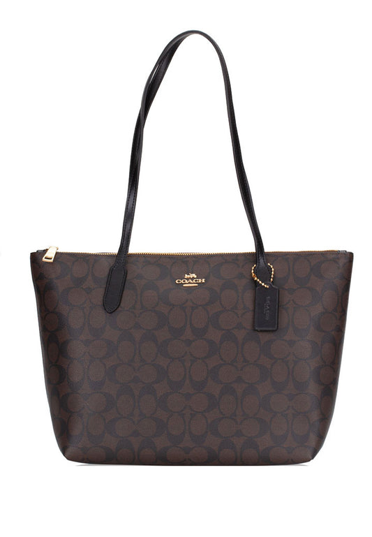 Coach Zip Top Tote In Signature Canvas - Dark Brown