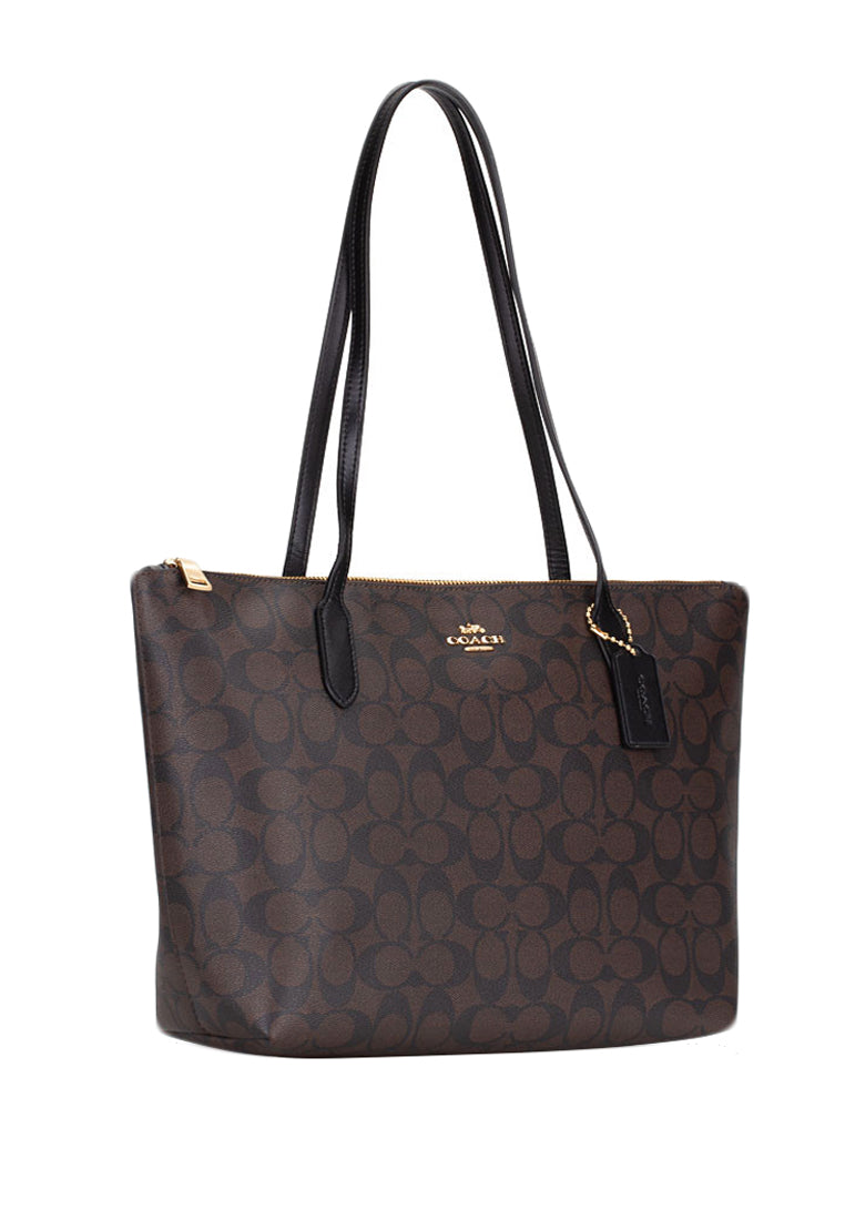 Coach Zip Top Tote In Signature Canvas - Dark Brown