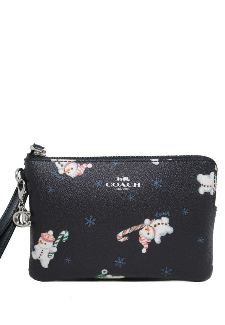 Coach Boxed Corner Zip Wristlet With Snowman Print - Navy