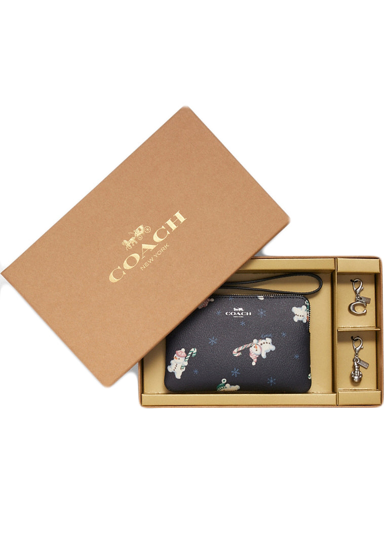 Coach Boxed Corner Zip Wristlet With Snowman Print - Navy