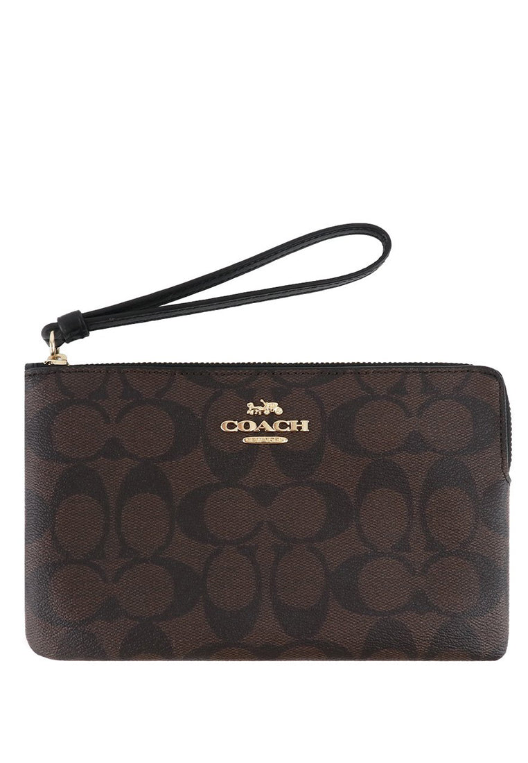 Coach Large Corner Zip Wristlet In Signature - Dark Brown