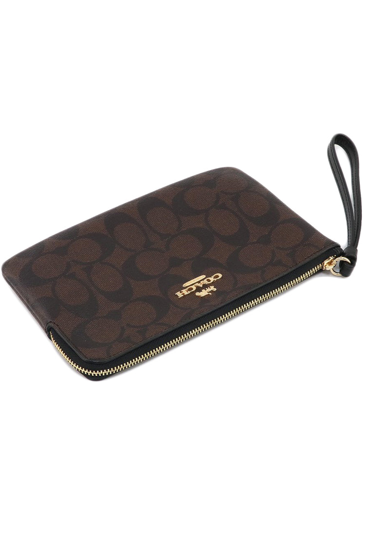 Coach Large Corner Zip Wristlet In Signature - Dark Brown