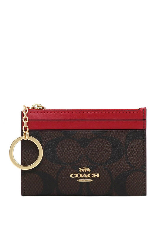 Coach Mini Skinny ID Case In Signature Canvas - Dark Brown/Red