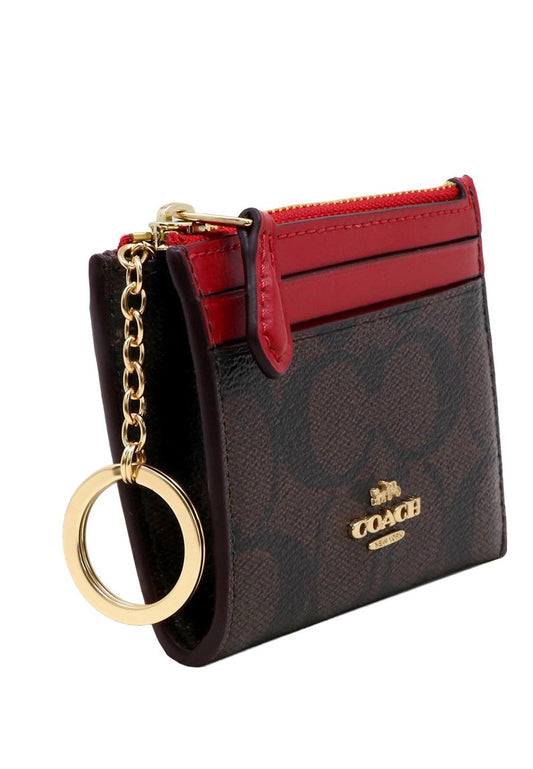 Coach Mini Skinny ID Case In Signature Canvas - Dark Brown/Red