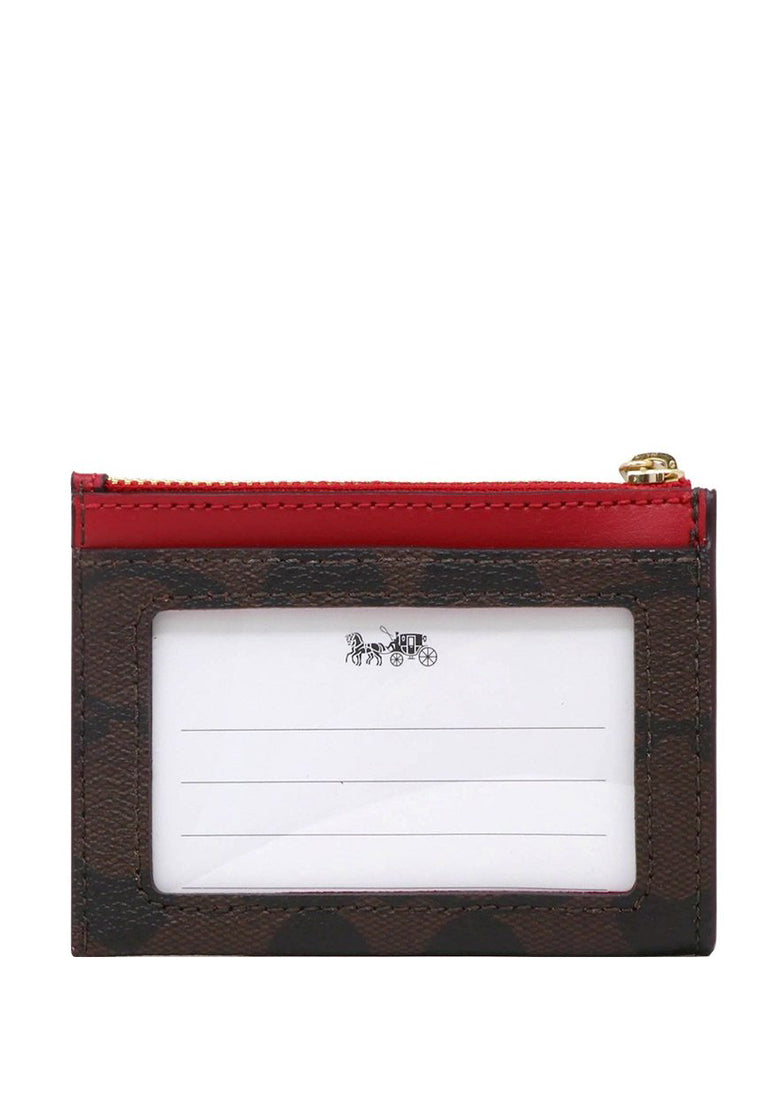 Coach Mini Skinny ID Case In Signature Canvas - Dark Brown/Red