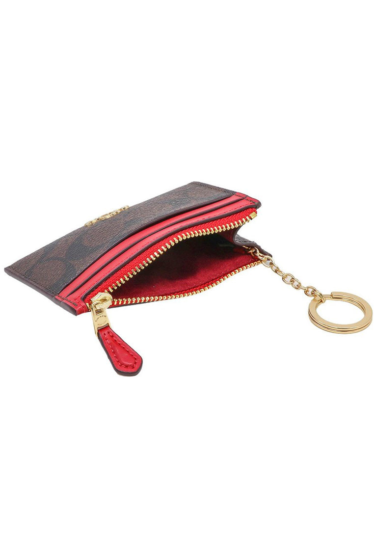 Coach Mini Skinny ID Case In Signature Canvas - Dark Brown/Red