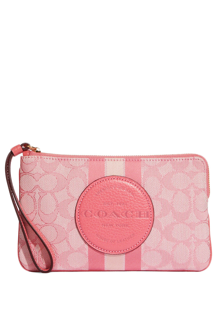 Coach Dempsey Large Corner Zip Wristlet In Signature Jacquard With Stripe And Coach Patch - Pink