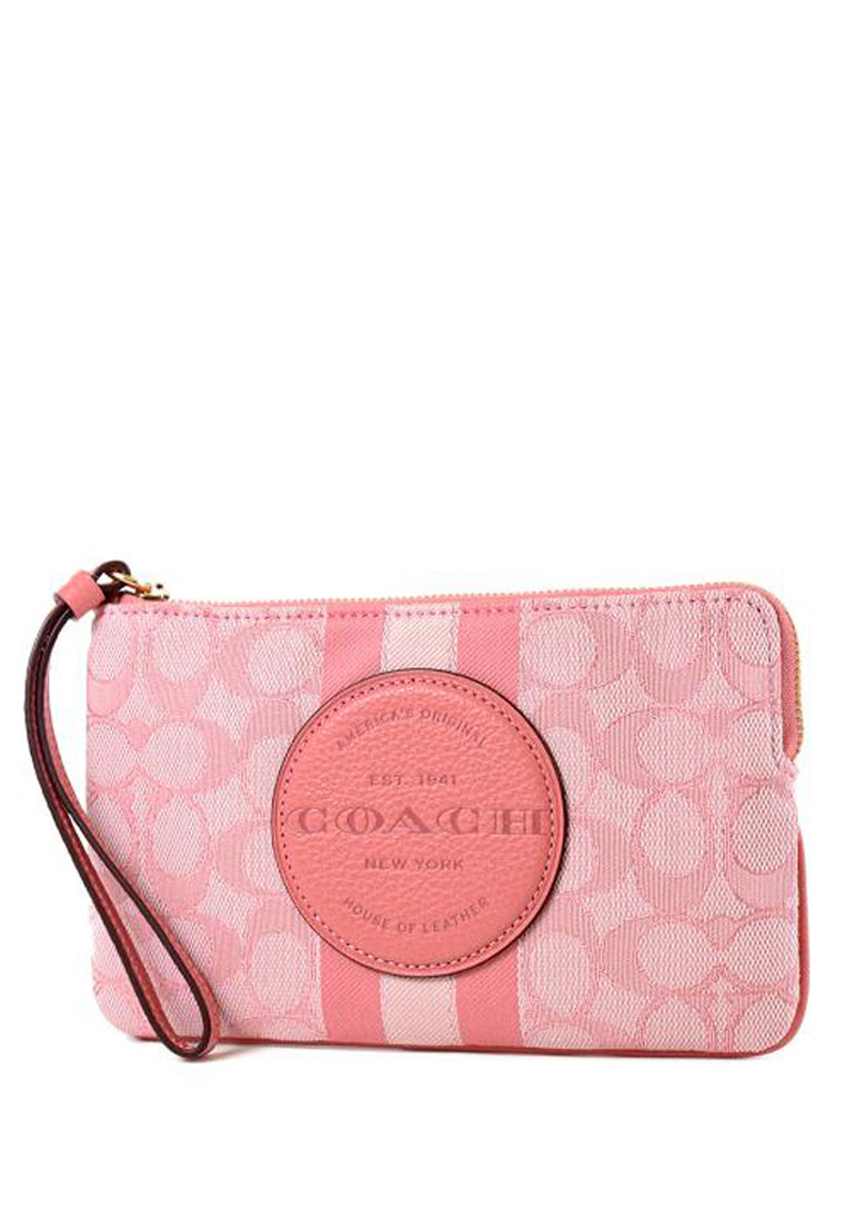 Coach Dempsey Large Corner Zip Wristlet In Signature Jacquard With Stripe And Coach Patch - Pink