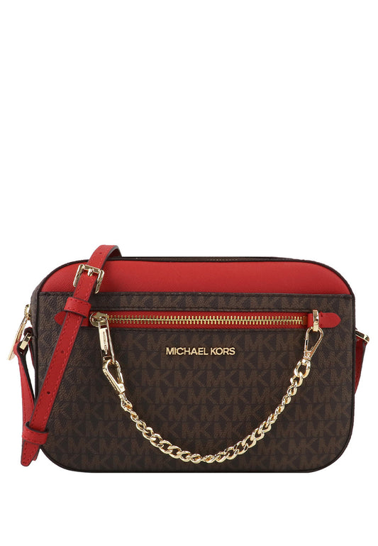 Michael Kors Jet Set Item Signature Large Chain Crossbody Bag - Dark Brown/Red