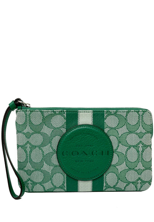 Coach Dempsey Large Corner Zip Wristlet In Signature Jacquard With Stripe And Coach Patch - Green