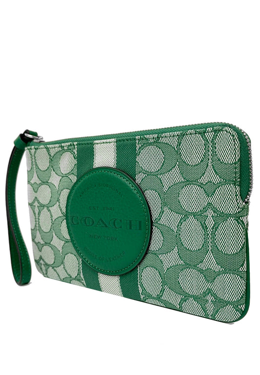 Coach Dempsey Large Corner Zip Wristlet In Signature Jacquard With Stripe And Coach Patch - Green