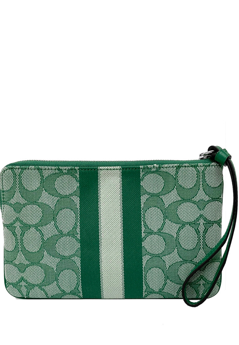 Coach Dempsey Large Corner Zip Wristlet In Signature Jacquard With Stripe And Coach Patch - Green