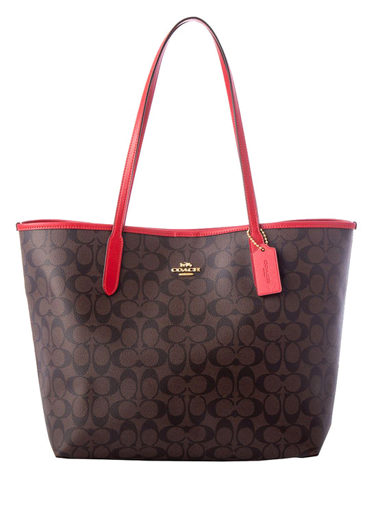 Coach City Tote In Signature Canvas - Dark Brown/Red