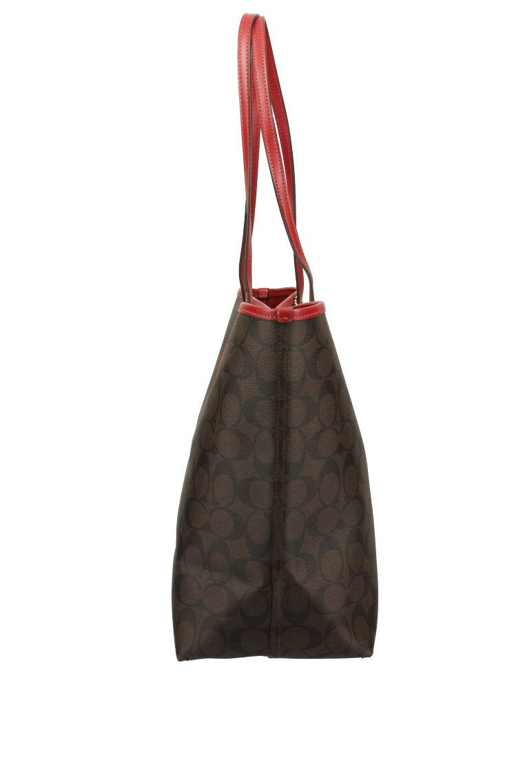 Coach City Tote In Signature Canvas - Dark Brown/Red