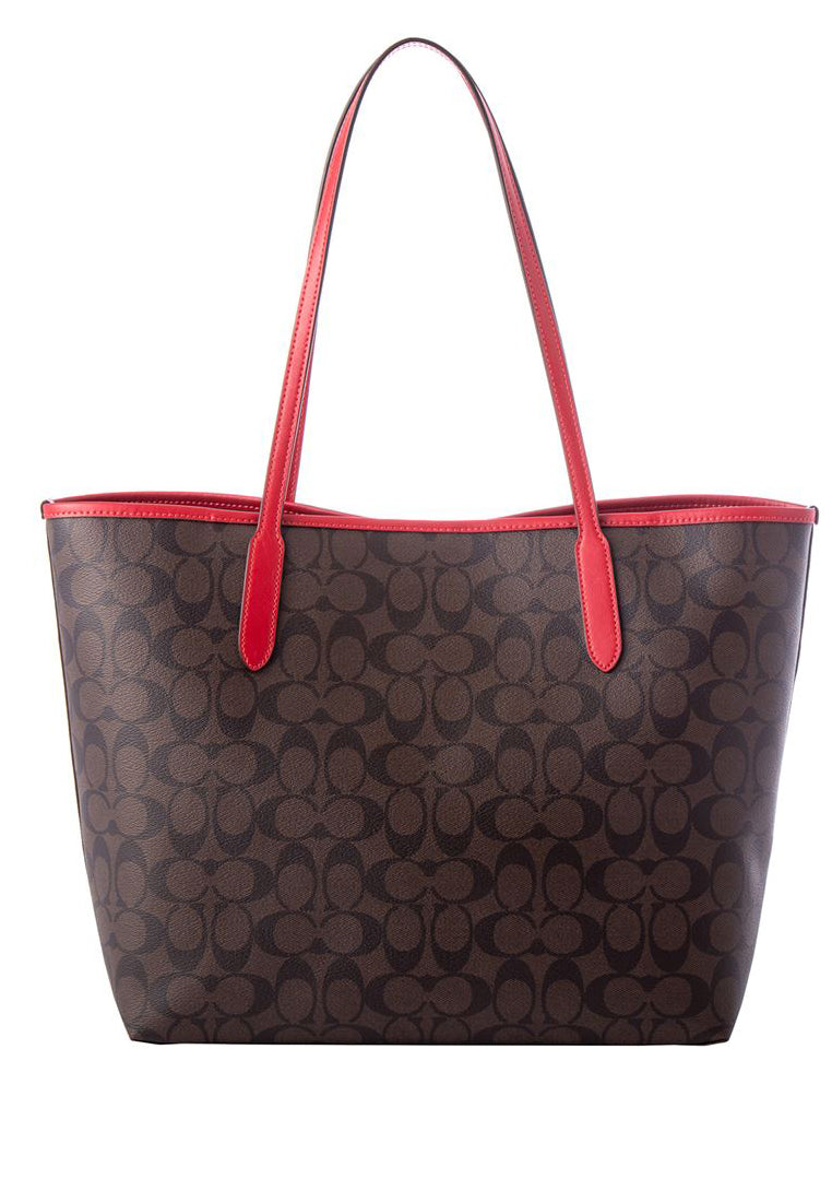 Coach City Tote In Signature Canvas - Dark Brown/Red