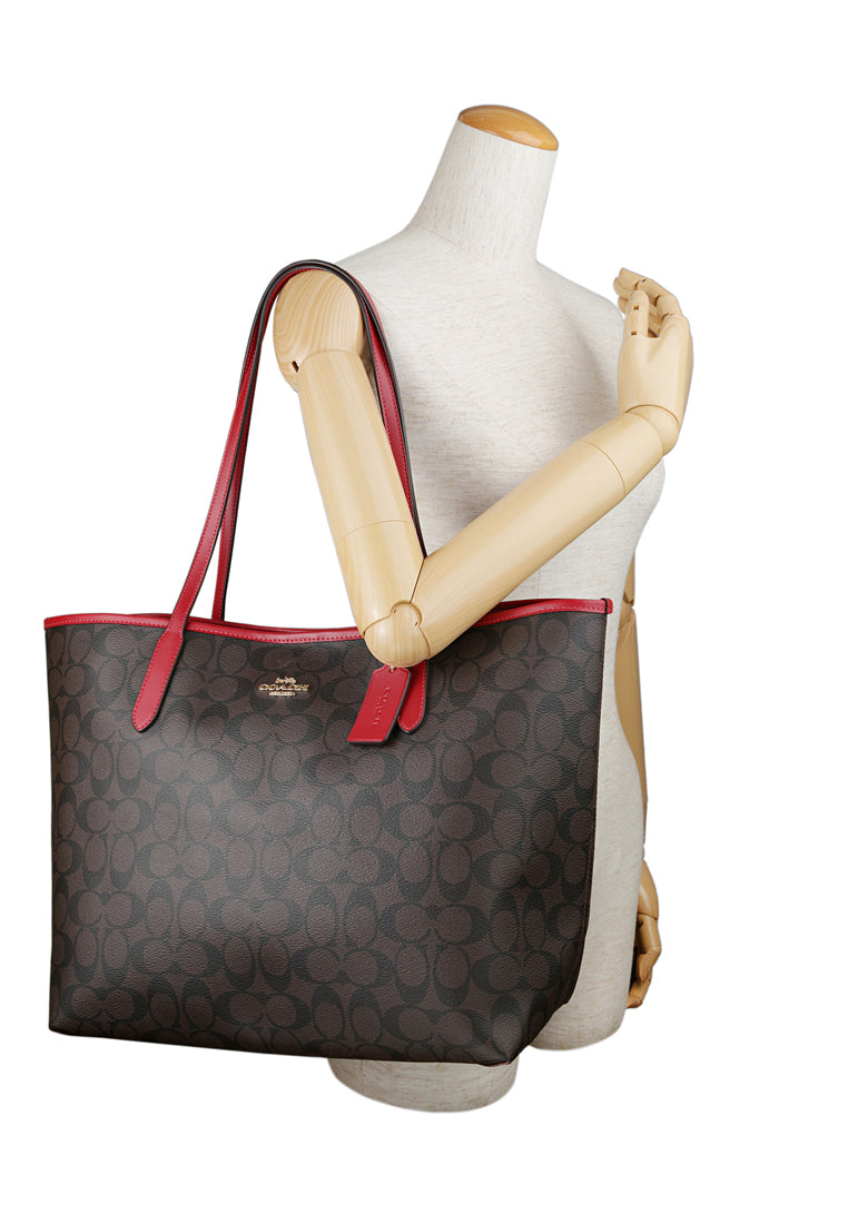 Coach City Tote In Signature Canvas - Dark Brown/Red