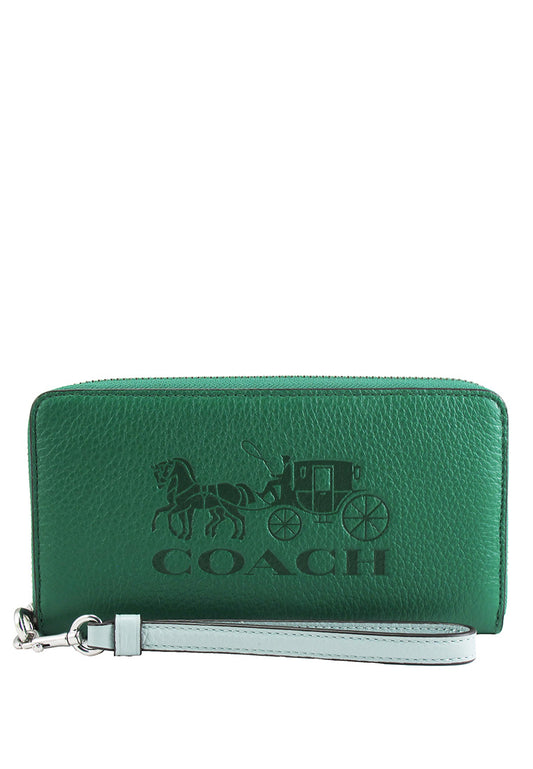 Coach Long Zip Around Wallet In Colorblock With Horse And Carriage - Green