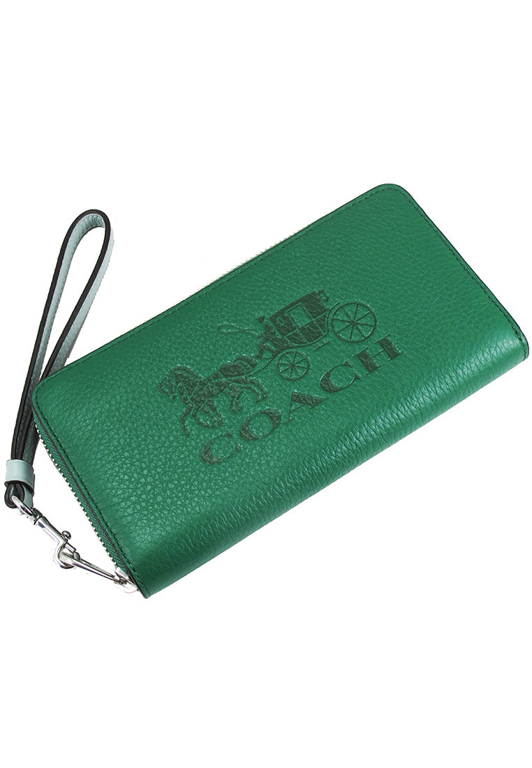 Coach Long Zip Around Wallet In Colorblock With Horse And Carriage - Green