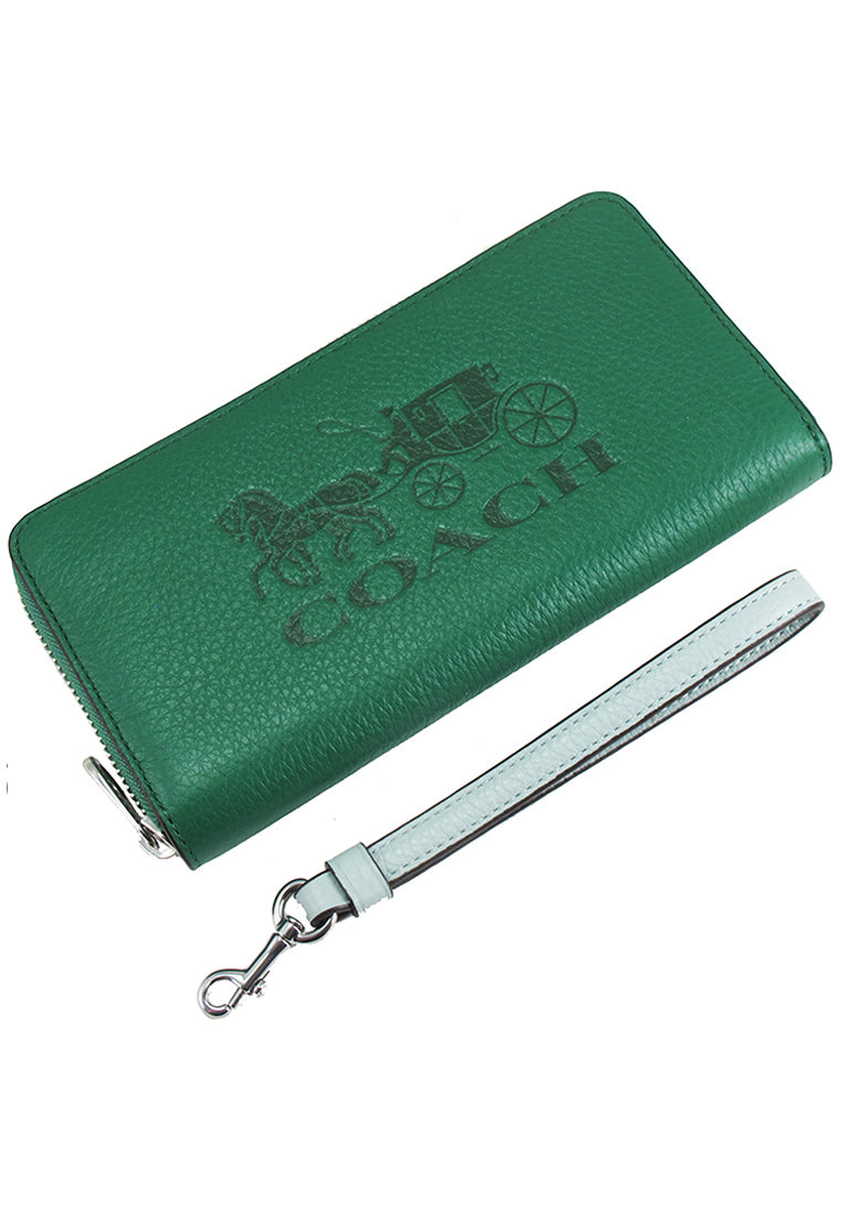 Coach Long Zip Around Wallet In Colorblock With Horse And Carriage - Green