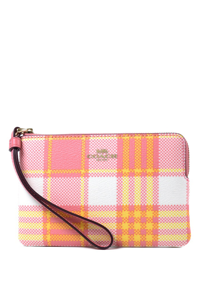 Coach Corner Zip Wristlet With Garden Plaid Print - Taffy/Multi