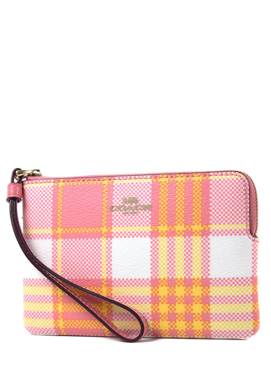 Coach Corner Zip Wristlet With Garden Plaid Print - Taffy/Multi