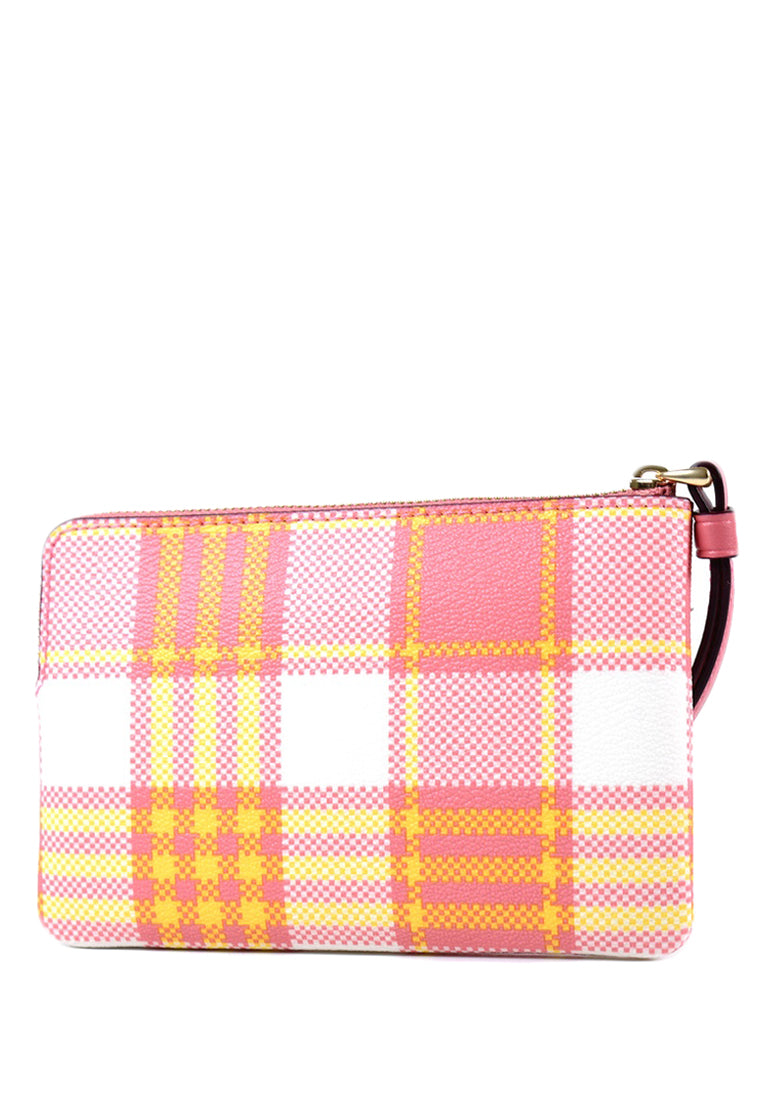 Coach Corner Zip Wristlet With Garden Plaid Print - Taffy/Multi