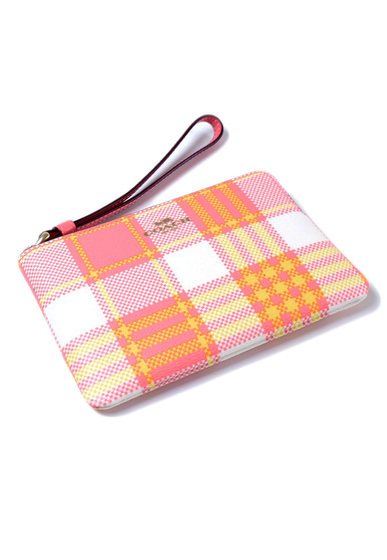 Coach Corner Zip Wristlet With Garden Plaid Print - Taffy/Multi