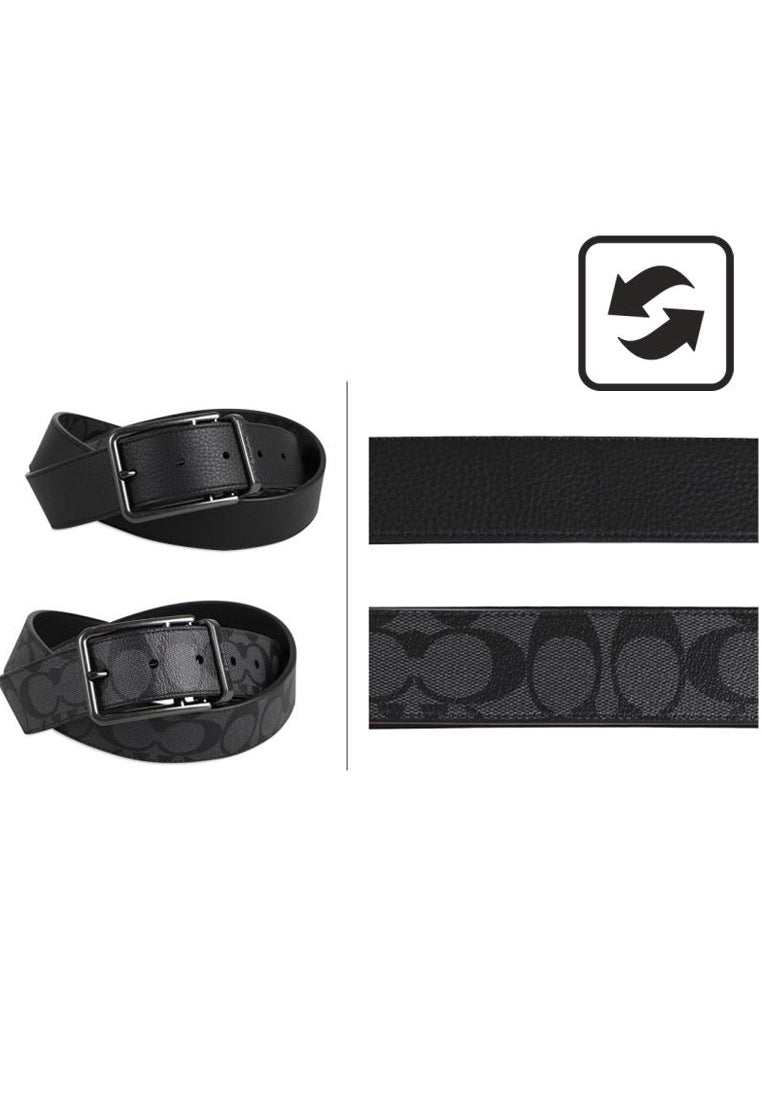 Coach Mens Double Bar Buckle Cut To Size Reversible Belt 38MM - Black