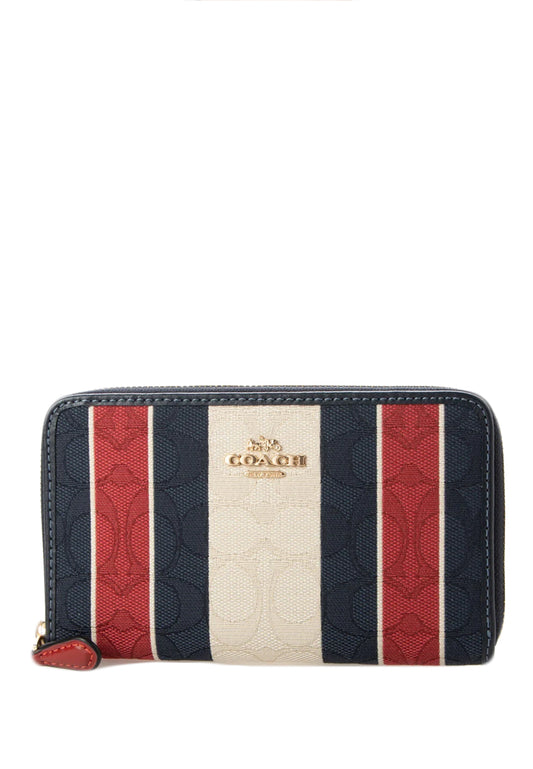 Coach Medium ID Zip Around Wallet In Signature Jacquard With Stripes - Blue/Red/White