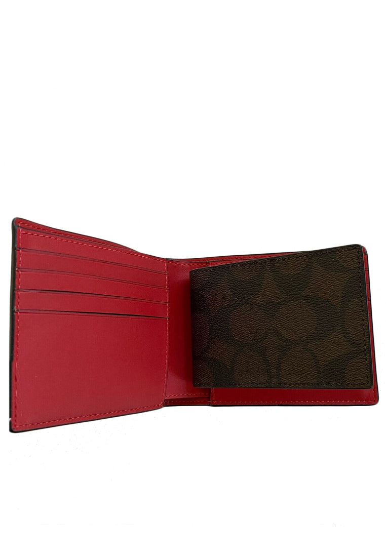 Coach 3 In 1 Mens Wallet In Colorblock Signature Canvas With Coach Patch - Dark Brown/Red