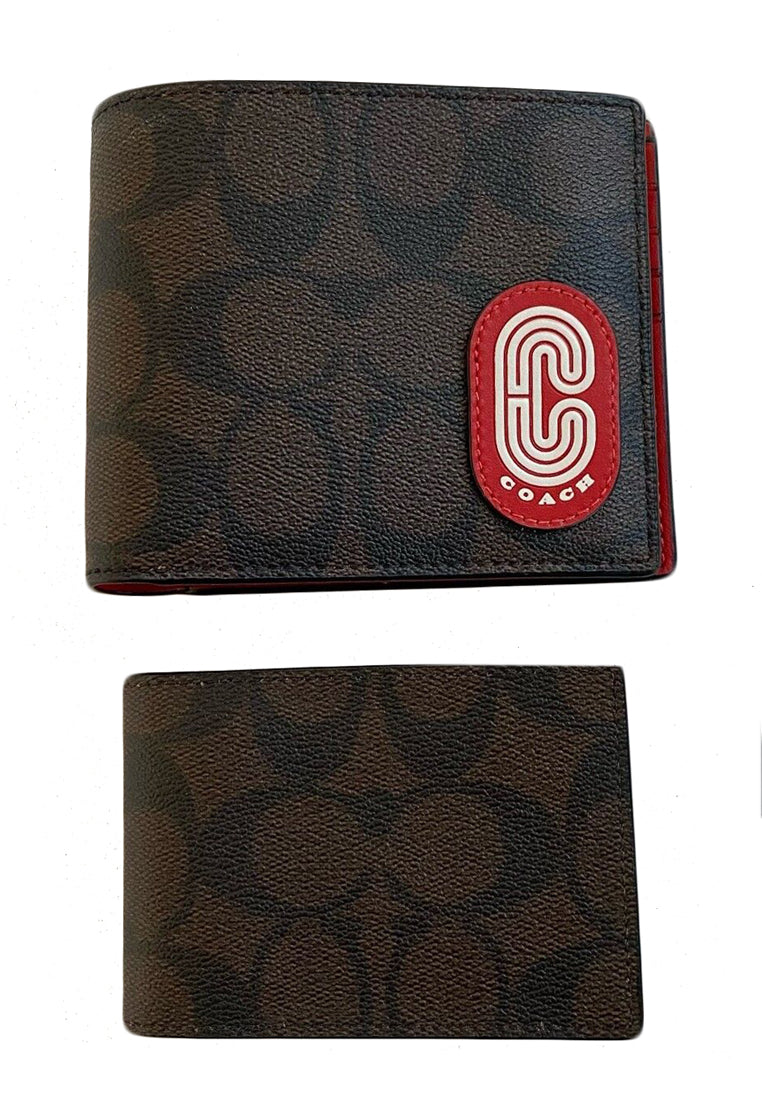 Coach 3 In 1 Mens Wallet In Colorblock Signature Canvas With Coach Patch - Dark Brown/Red