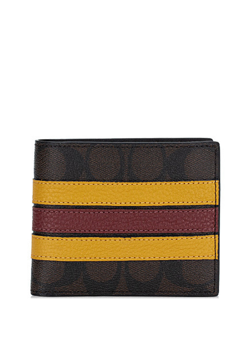 Coach Mens Compact ID Signature Varsity Wallet - Mahogany/Yellow/Red