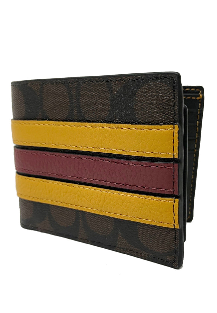 Coach Mens Compact ID Signature Varsity Wallet - Mahogany/Yellow/Red