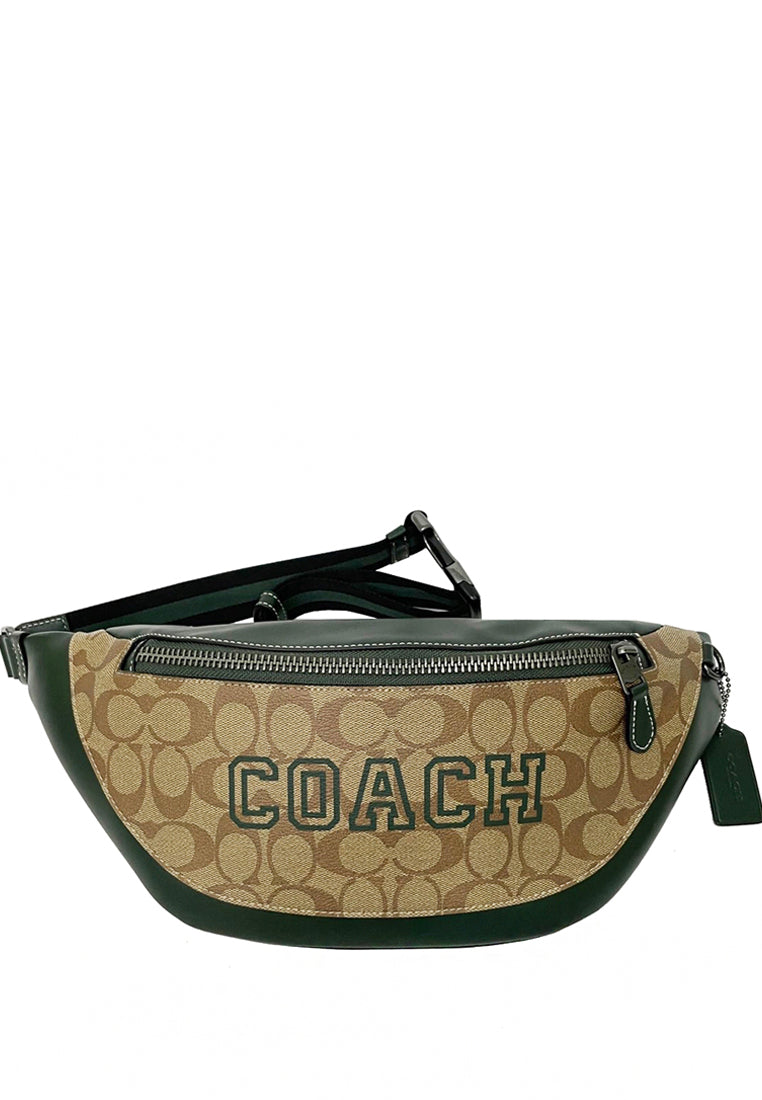 Coach Warren Belt Bag In Signature Canvas With Varsity Motif - Brown Amazon Green