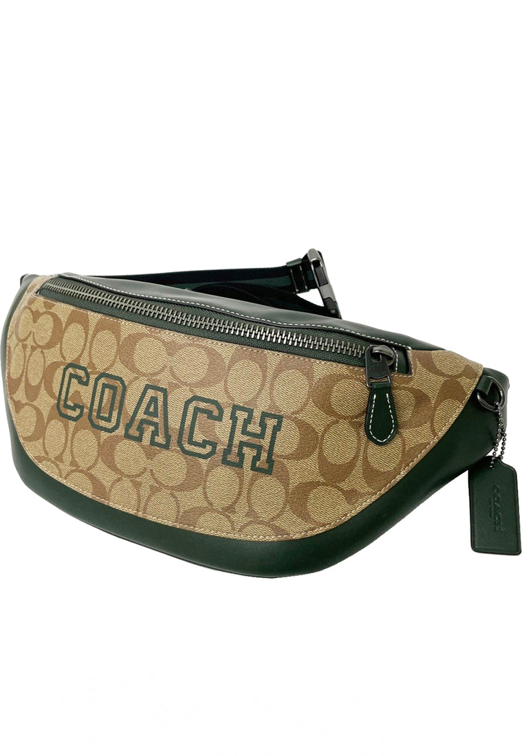 Coach Warren Belt Bag In Signature Canvas With Varsity Motif - Brown Amazon Green