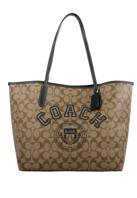 Coach City Tote In Signature Canvas With Varsity Motif - Brown/Amazon Green