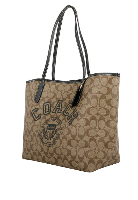 Coach City Tote In Signature Canvas With Varsity Motif - Brown/Amazon Green