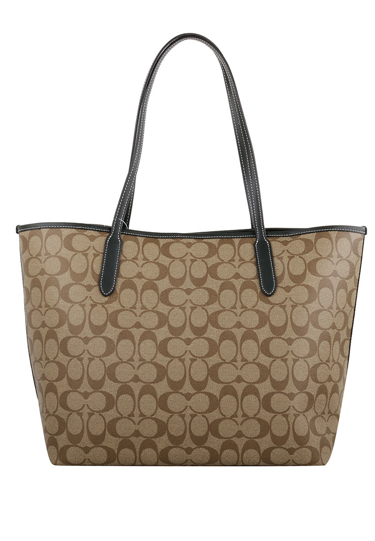 Coach City Tote In Signature Canvas With Varsity Motif - Brown/Amazon Green