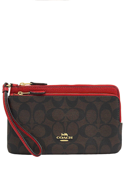 Coach Double Zip Wallet In Signature Canvas - Dark Brown/Red